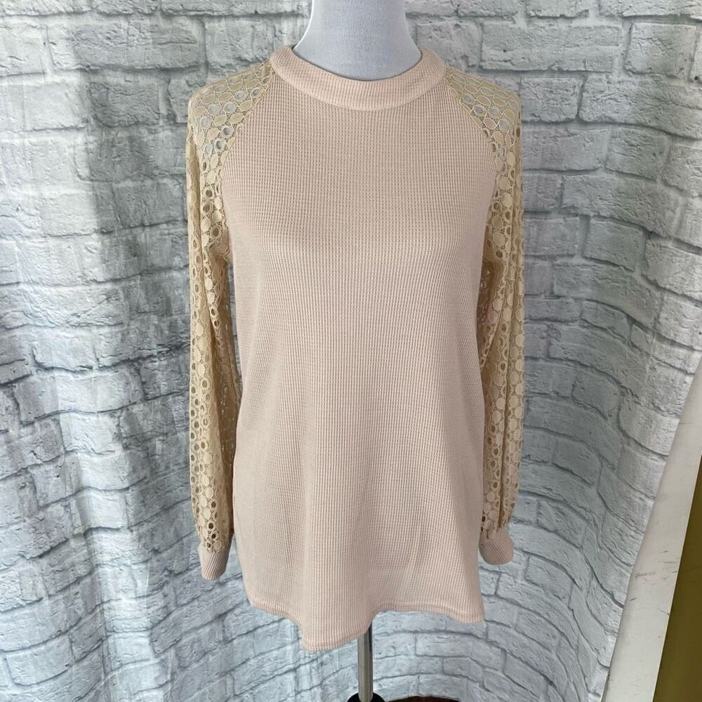 Miholl Women M mock neck waffle texture lace sleeve blouse w/zipper back closure
